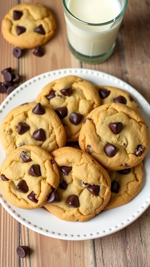 A plate of warm chocolate chip cookies with melted chocolate chips, served with a glass of milk.